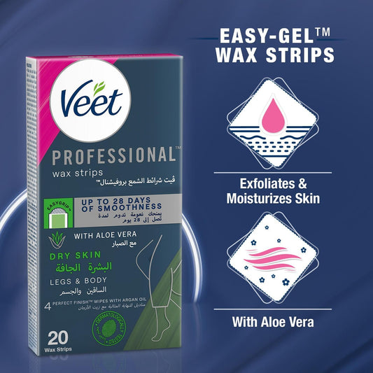 Veet Professional Hair Removal Wax Strips for Dry Skin Legs & Body, 20 Strips - Makkah Pharmacy