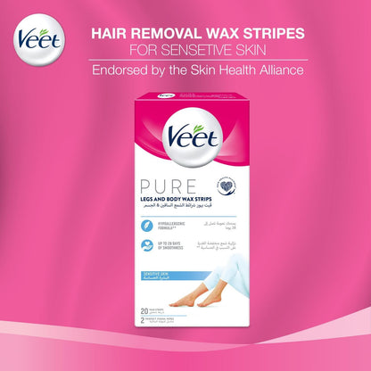Veet Hair Removal Wax Strips for Sensitive Skin Legs & Body, 20 Strips - Makkah Pharmacy