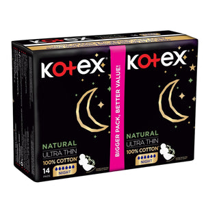Kotex Natural Ultra Thin Night with Wings Pads, 14 Pieces - Makkah Pharmacy