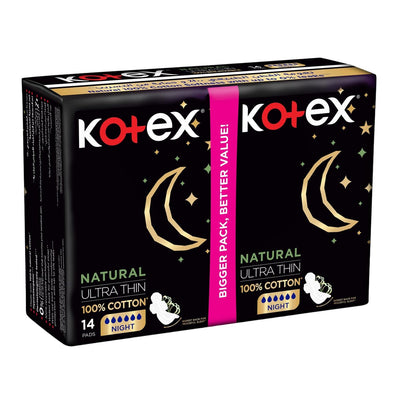 Kotex Natural Ultra Thin Night with Wings Pads, 14 Pieces - Makkah Pharmacy