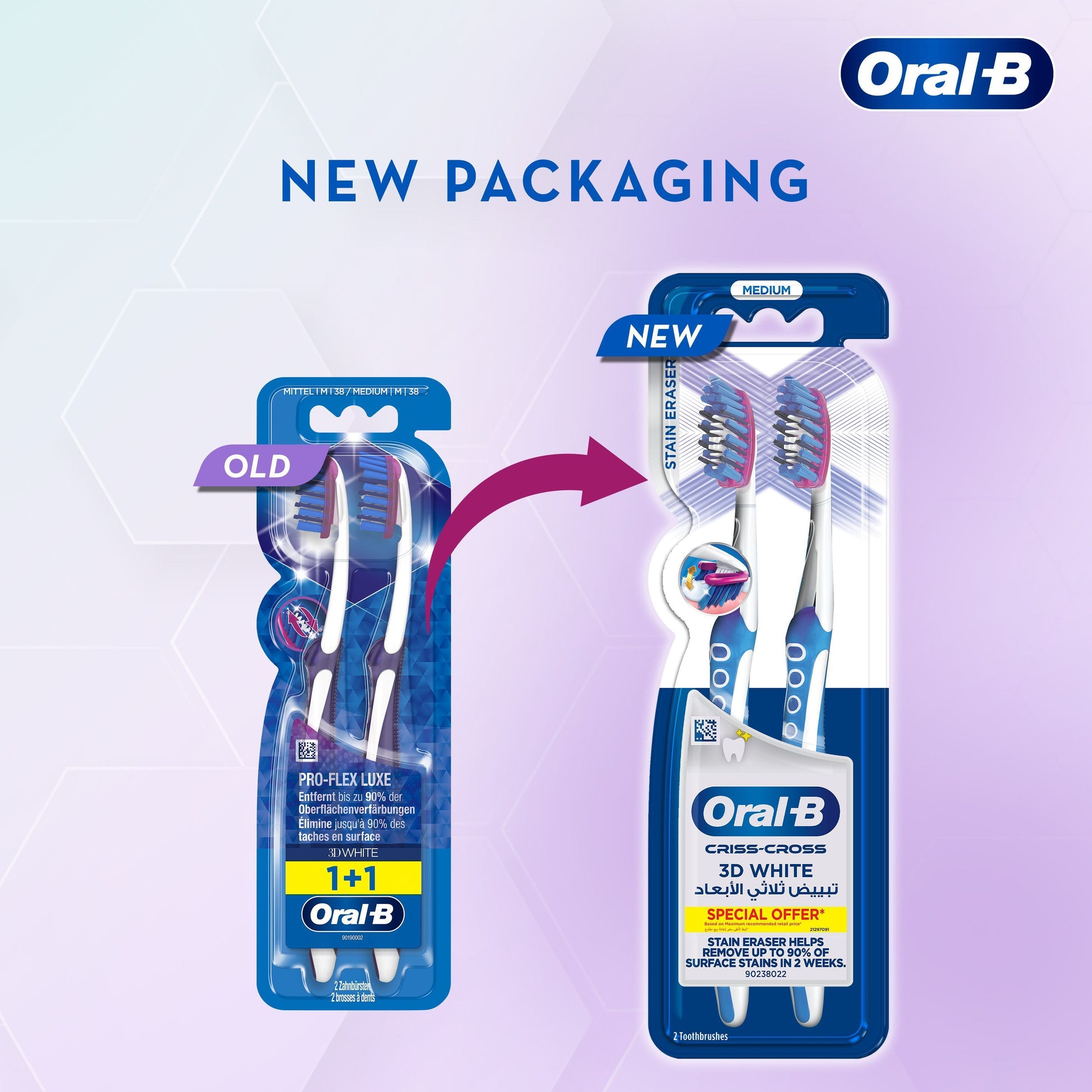 Oral-B 3D White Luxe Pro-Flex Medium Manual Toothbrush, 2 Pieces