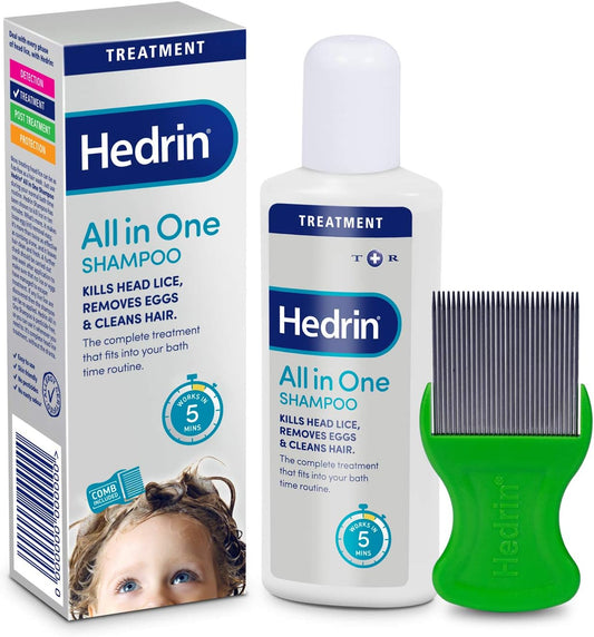 Hedrin All-In-One Shampoo, Head Lice Treatment With Nit Comb Included, Kills Headlice And Removes Eggs In 5 Minutes - 200ml