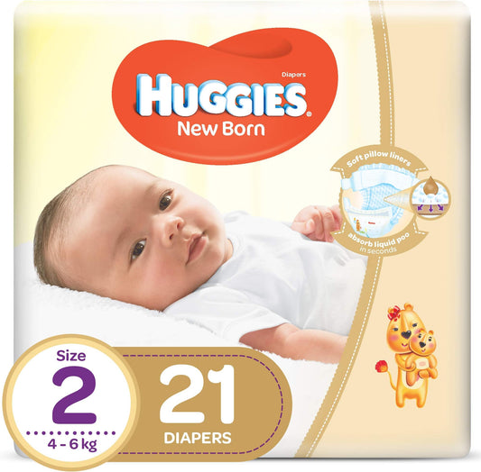 Huggies New Born Diapers, Size 2, Carry Pack, 4-6 Kg, 21 Diapers
