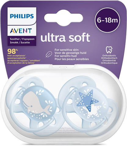 Philips Avent Ultra Soft Flexifit Blue Orthodontic Soothers (6-18 Months), 2 Pieces - Makkah Pharmacy