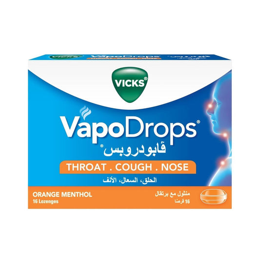 Vicks VapoDrops Orange Menthol Lozenges Soothes & Relieves Sore Throat, 16 Pieces - Makkah Pharmacy