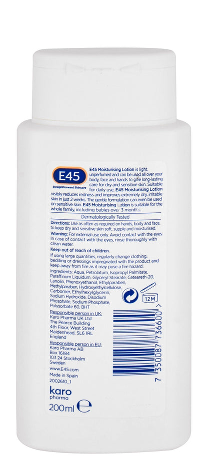 E45 Moisturizing, Soothing & Anti-Flaking Face & Body Lotion for Dry & Sensitive Skin, 200ml - Makkah Pharmacy