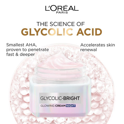 L'Oreal Glycolic Bright & Glowing Facial Night Cream, 50ml - Makkah Pharmacy