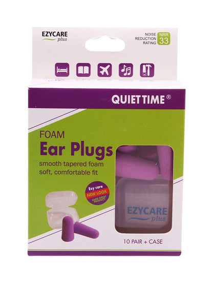 Ezycare Plus Quiet Time Purple Foam Ear Plugs with Case NRR 33, 10 Pairs - Makkah Pharmacy