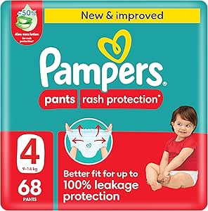Pampers Rash Protection Pants Diapers, Size 4, 9-14kg, +50% Aloe Vera Lotion, 360Ã‚Â° Leak-Free Fit for up to 100% Leakage Protection, Giant Pack, 68 Count