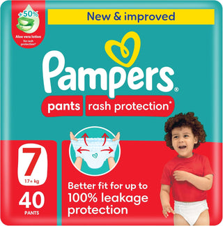 Pampers Rash Protection Pants Diapers, Size 7, 17+kg, +50% Aloe Vera Lotion, 360 degrees Leak-Free Fit for up to 100% Leakage Protection, Jumbo Pack, 40 Count.