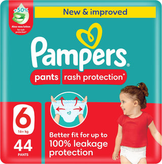 Pampers Rash Protection Pants Diapers, Size 6, 16+kg, +50% Aloe Vera Lotion, 360 degrees Leak-Free Fit for up to 100% Leakage Protection, Giant Pack, 44 Count