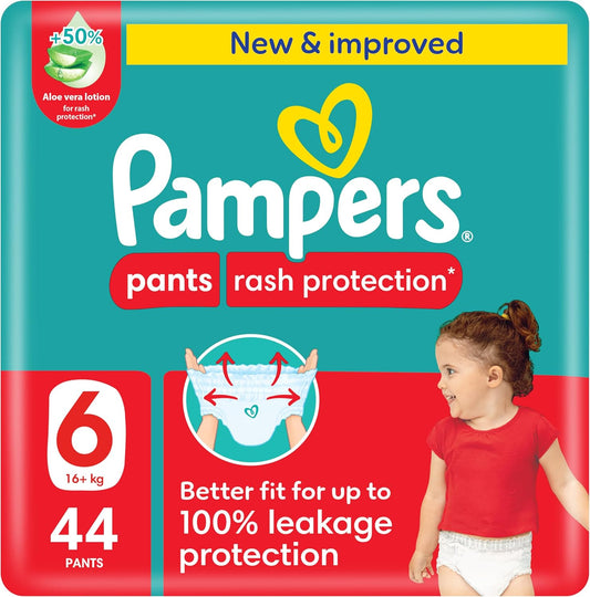 Pampers Rash Protection Pants Diapers, Size 6, 16+kg, +50% Aloe Vera Lotion, 360Ã‚Â° Leak-Free Fit for up to 100% Leakage Protection, Giant Pack, 44 Count