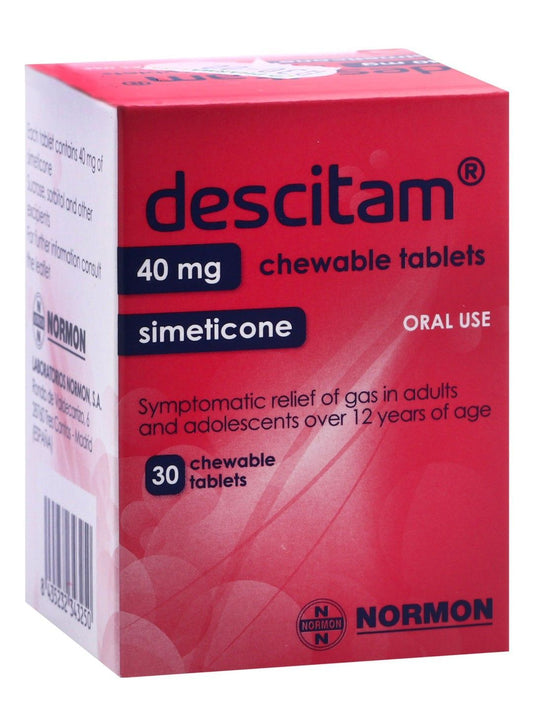 Descitam 40mg Simeticone Gas Relief Support for Adults & Kids (12+ Years), 30 Tablets - Makkah Pharmacy