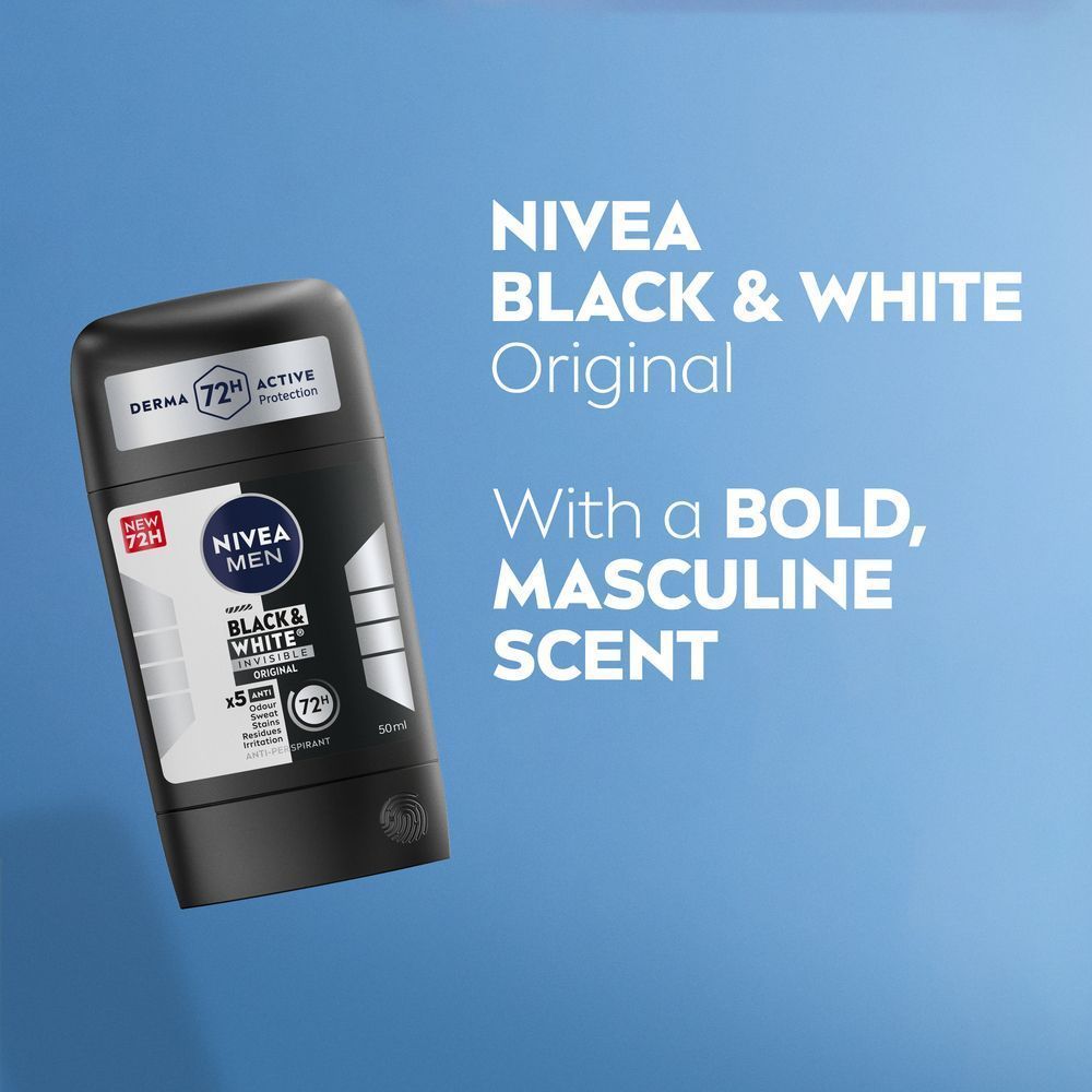 NIVEA Men Black & White Invisible 3in1 Original 48H Antiperspirant Deodorant Stick, 50ml - Makkah Pharmacy