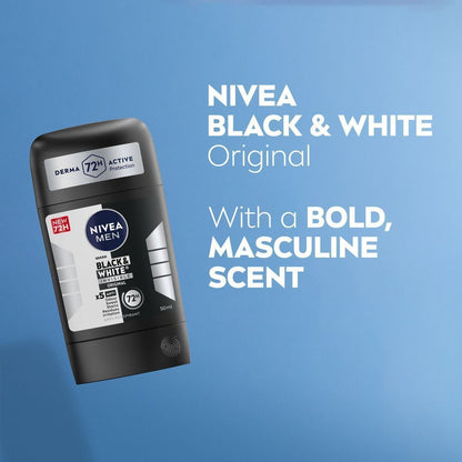 NIVEA Men Black & White Invisible 3in1 Original 48H Antiperspirant Deodorant Stick, 50ml - Makkah Pharmacy