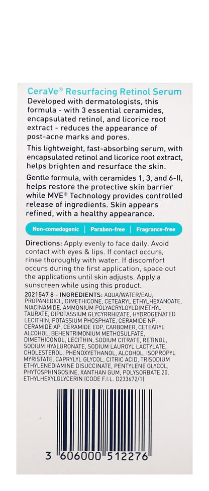 CeraVe Resurfacing Retinol Face Serum with Ceramides, Licorice Root Extract & Niacinamide for Acne & Pores, 30ml - Makkah Pharmacy
