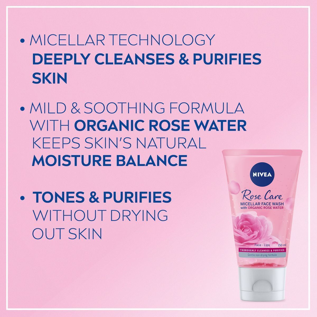 Nivea Face Wash Micellar Rose Care with Organic Rose Water All Skin Types, 150ml - Makkah Pharmacy