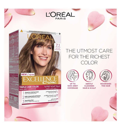 L'Oreal Excellence Triple Care Hair Color Cream Ash Blonde 7.1, 1 Pack - Makkah Pharmacy
