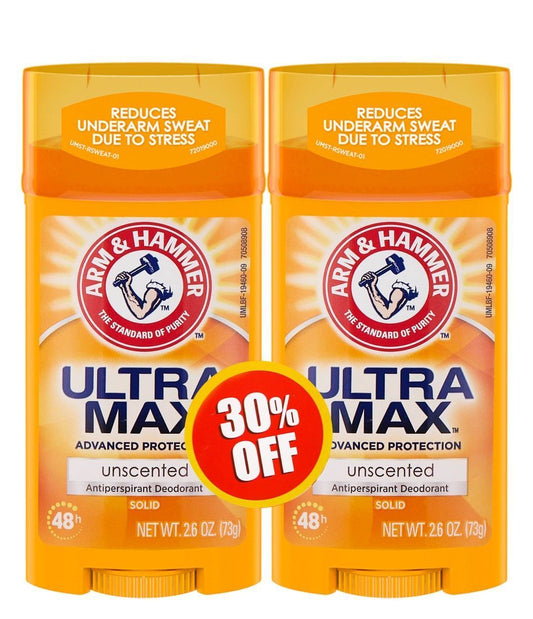 Arm & Hammer Ultra Max Unscented 48H Antiperspirant Deodorant Stick (30% Off), 2x73g - Makkah Pharmacy