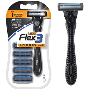 Bic Flex 3 Hybrid Mens 3-Blade Disposable Razor, 1 Handle And 5 Cartridges
