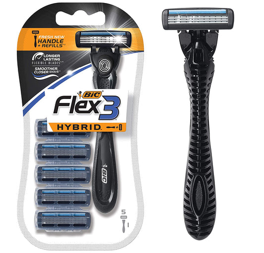 Bic Flex 3 Hybrid Men's 3-Blade Disposable Razor, 1 Handle And 5 Cartridges