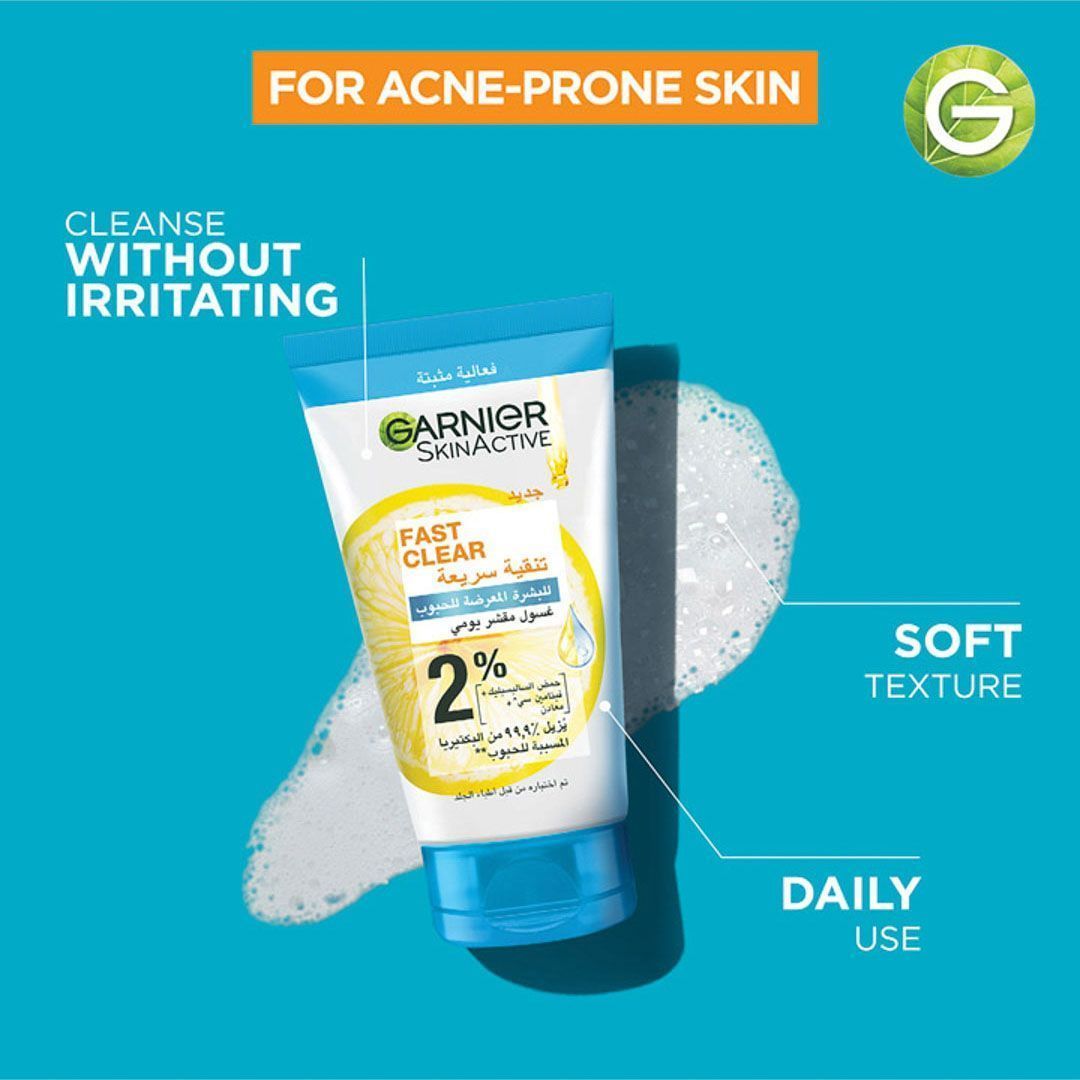 Garnier Skin Active Fast Clear Daily Exfoliating Scrub Face Wash for Acne Prone Skin with Salicylic Acid & Vitamin C, 150ml - Makkah Pharmacy