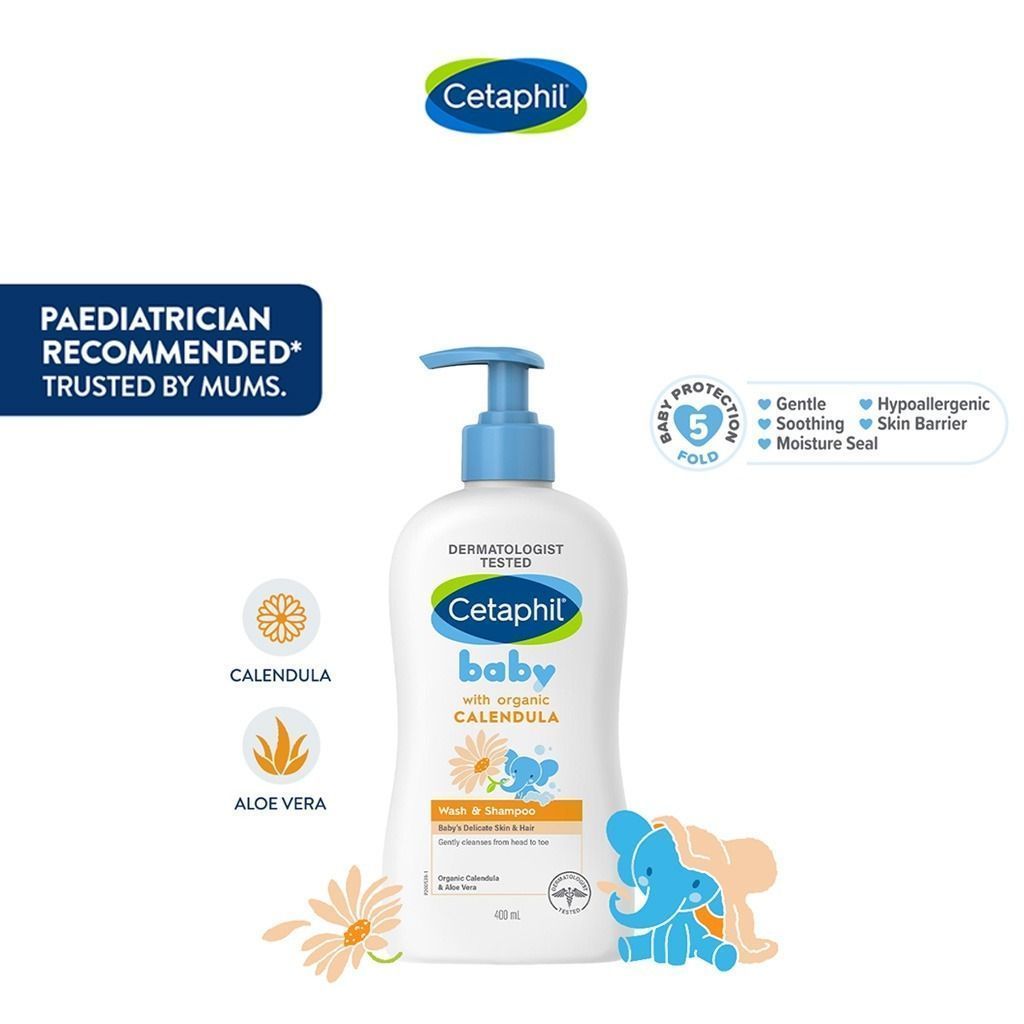Cetaphil Hypoallergenic Baby Wash & Shampoo with Organic Calendula for Face & Body, 400ml - Makkah Pharmacy