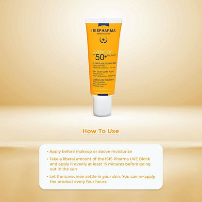 Isispharma Uveblock Dry Touch Sunscreen for Sensitive Skin SPF50+ (40ml) with Free Teen Derm Exfoliating, Purifying & Smoothing Gel Facial Cleanser for Combination to Oily Skin (40ml), 1 bundle - Makkah Pharmacy