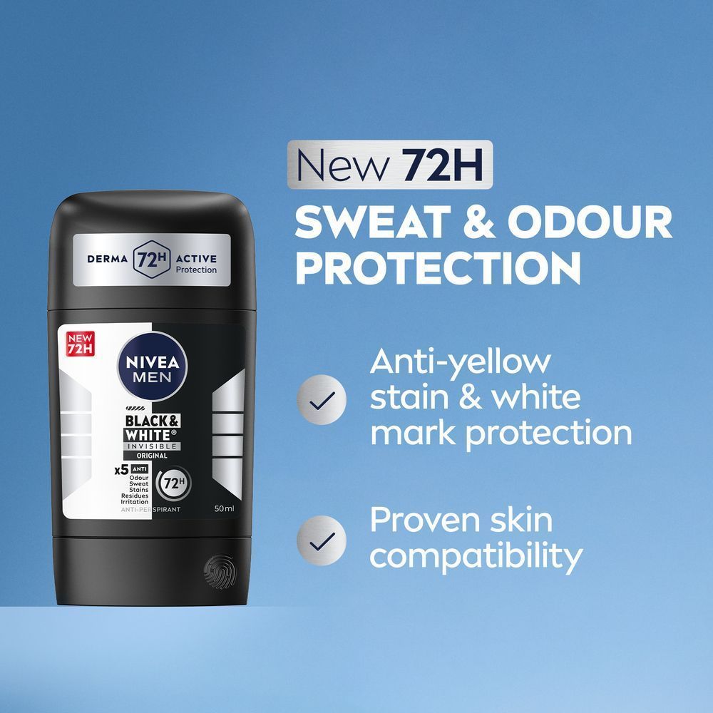 NIVEA Men Black & White Invisible 3in1 Original 48H Antiperspirant Deodorant Stick, 50ml - Makkah Pharmacy