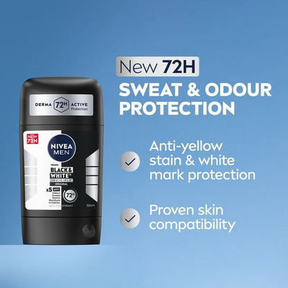 NIVEA Men Black & White Invisible 3in1 Original 48H Antiperspirant Deodorant Stick, 50ml - Makkah Pharmacy