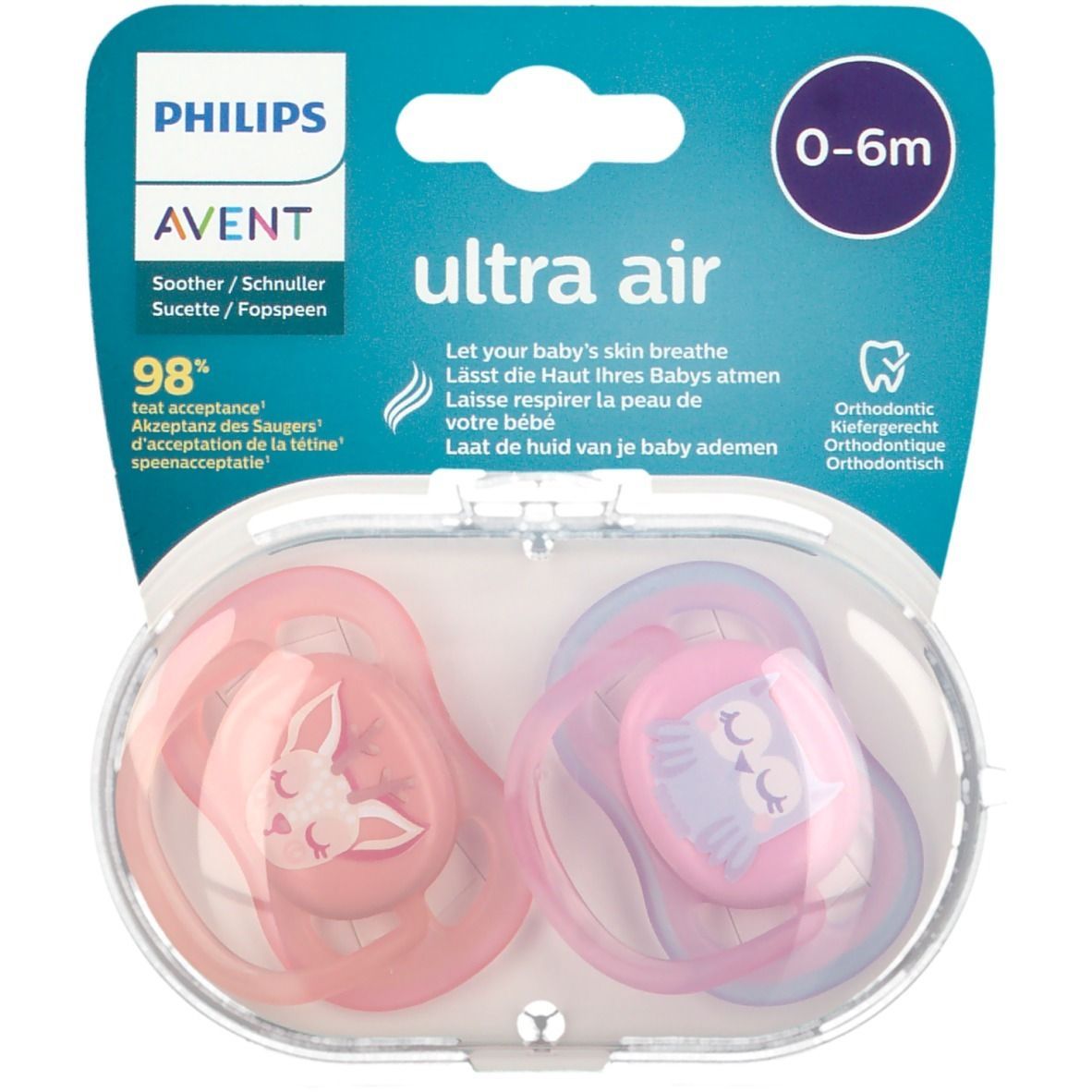 Philips Avent Ultra Air Pink & Purple Orthodonthic Soothers (0-6 Months), 2 Pieces - Makkah Pharmacy