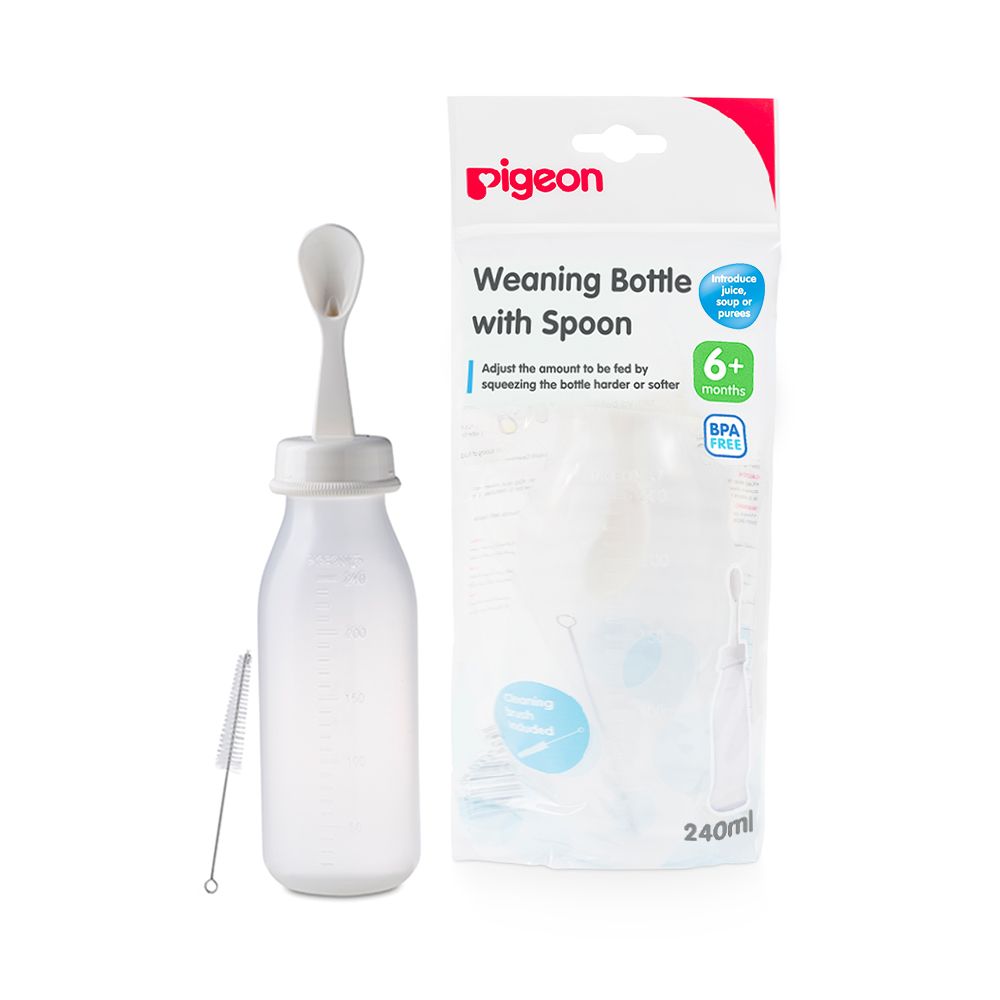 Pigeon 240ml Weaning Bottle with Spoon & Cleaning Brush (6+ Months), 1 Piece - Makkah Pharmacy