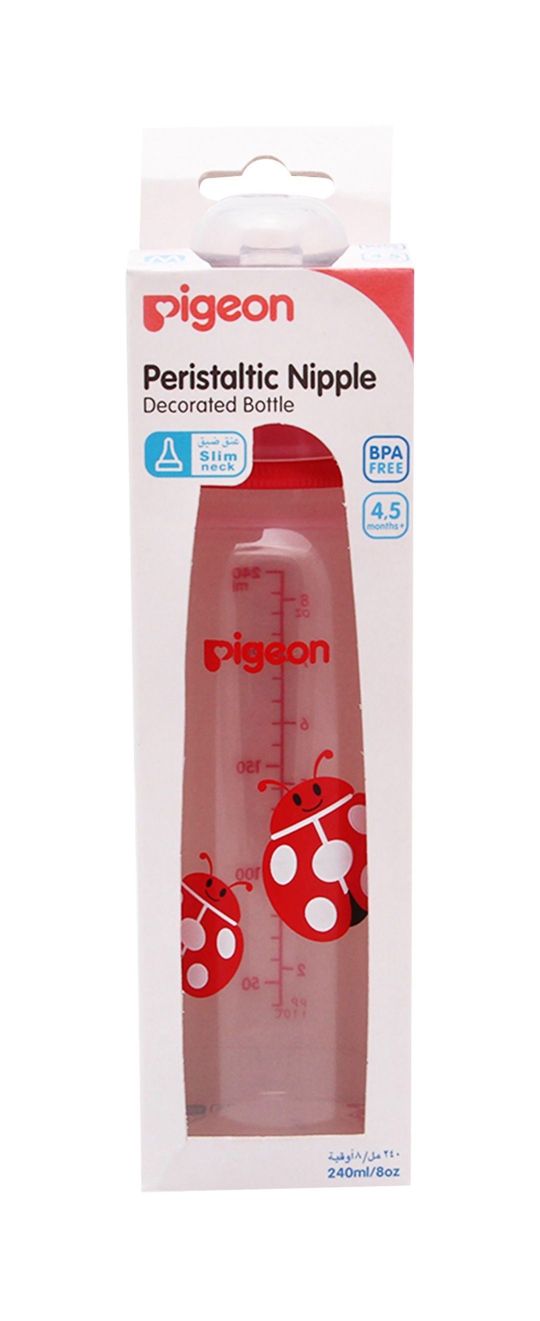 Pigeon Red 240ml Decorated Plastic Feeding Bottle with Peristaltic Nipple (4+ Months), 1 Piece