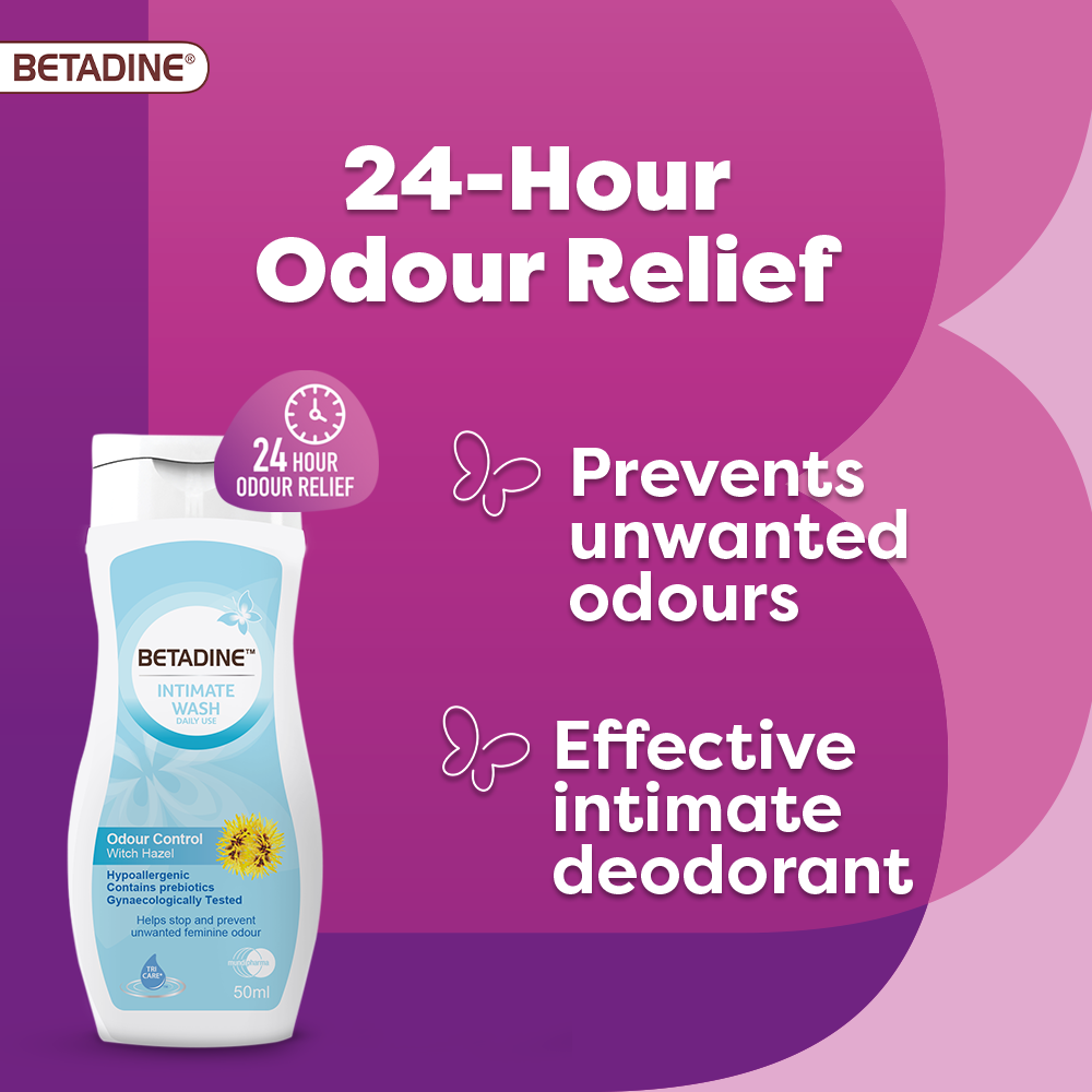 Betadine Odor Control Intimate Wash Liquid with Witch Hazel Extract for Women, 50ml - Makkah Pharmacy