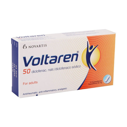 Voltaren 50mg Diclofenac Sodium Anti-Inflammatory, Antirheumatic & Analgesic Suppositories for Adults, 10 suppositories - Makkah Pharmacy