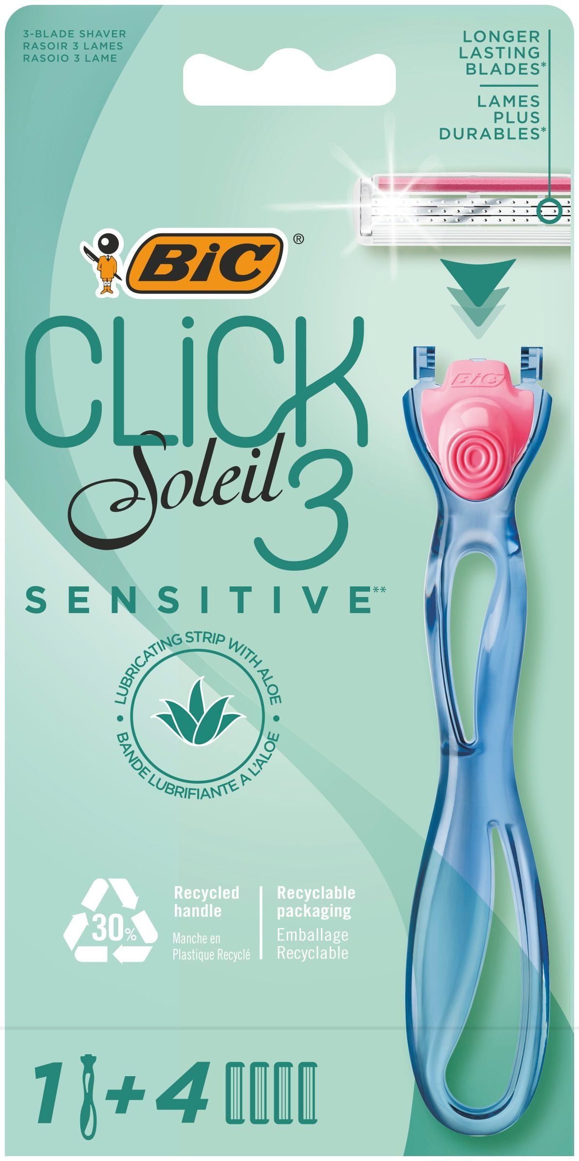Bic Soleil Click 3 Sensitive Refillable Women's Shaver Handle, 1 Pieces + Blade Refills, 4 Pieces - Makkah Pharmacy
