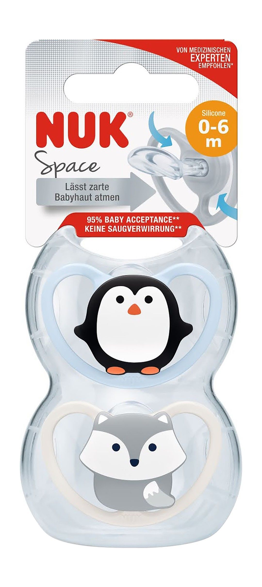 Nuk Space Penguin & Fox Print Silicone Soothers (0-6 Months), 2 Pieces - Makkah Pharmacy