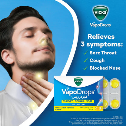 Vicks VapoDrops Honey Lemon Menthol Lozenges Soothes & Relieves Sore Throat, 16 Pieces - Makkah Pharmacy
