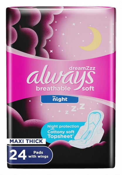 Always DreamZzz Cotton Soft Maxi Thick Night Pads with Wings, 24 Pieces - Makkah Pharmacy