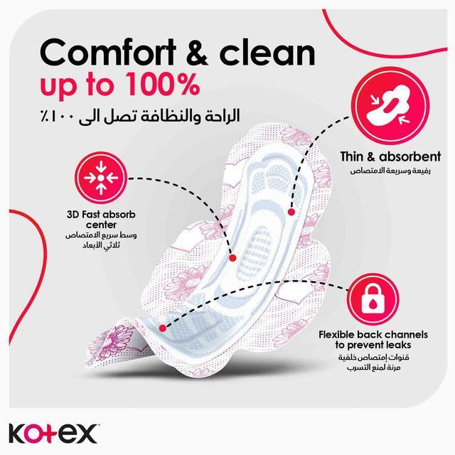 Kotex Ultra Thin Normal Size Sanitary Pads with Wings, 20 Pads - Makkah Pharmacy