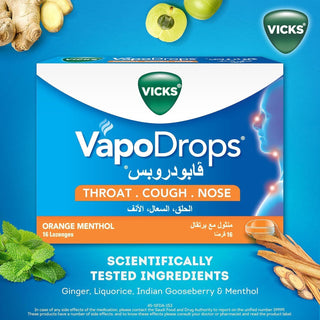 Vicks VapoDrops Orange Menthol Lozenges Soothes & Relieves Sore Throat, 16 Pieces - Makkah Pharmacy