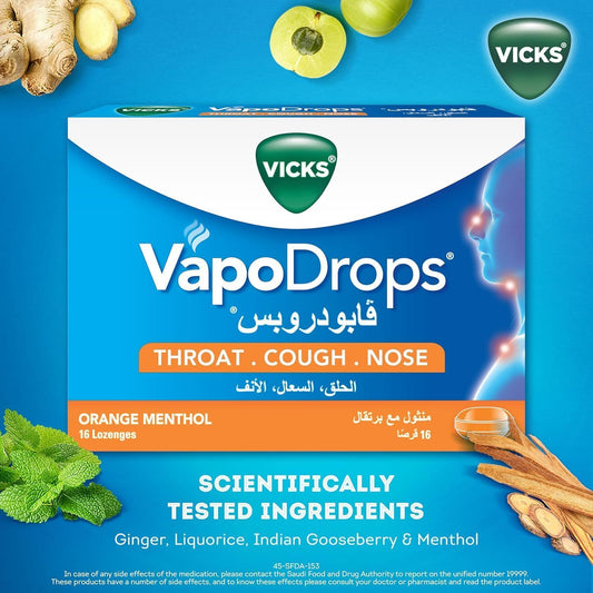 Vicks VapoDrops Orange Menthol Lozenges Soothes & Relieves Sore Throat, 16 Pieces - Makkah Pharmacy
