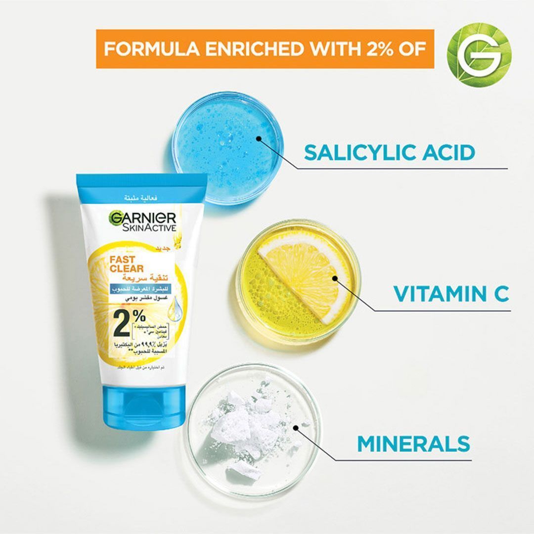 Garnier Skin Active Fast Clear Daily Exfoliating Scrub Face Wash for Acne Prone Skin with Salicylic Acid & Vitamin C, 150ml - Makkah Pharmacy
