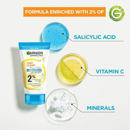 Garnier Skin Active Fast Clear Daily Exfoliating Scrub Face Wash for Acne Prone Skin with Salicylic Acid & Vitamin C, 150ml - Makkah Pharmacy