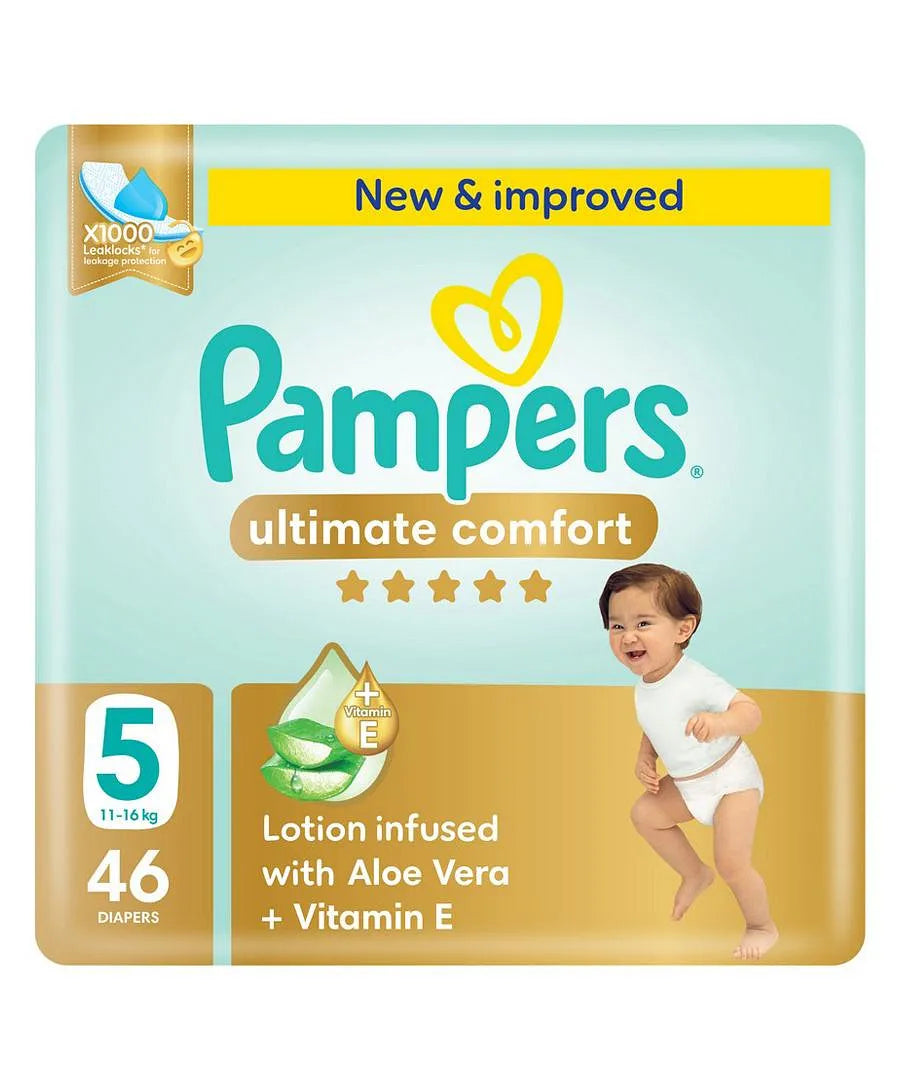 Pampers Ultimate Comfort Size 5 Tape Style Diapers, 46 Pieces - Softest Skin Protection, Leak-Free Comfort, 11-16kg, Wetness Indicator
