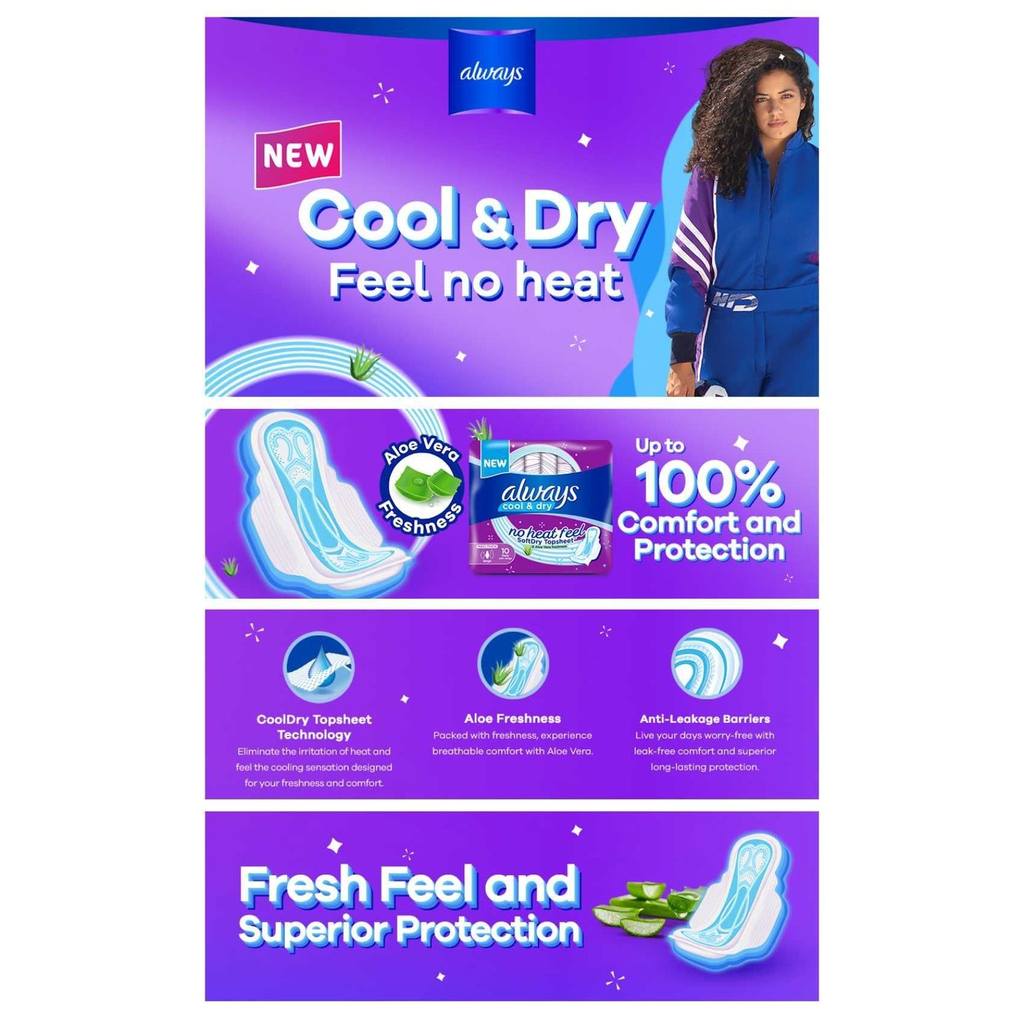 Always Aloe Cool Disposable Pads With Aloe Vera Essence For Light Days, For Zero Irritation Feel, Long Maxi Thick Pads With Wings, 30 Count