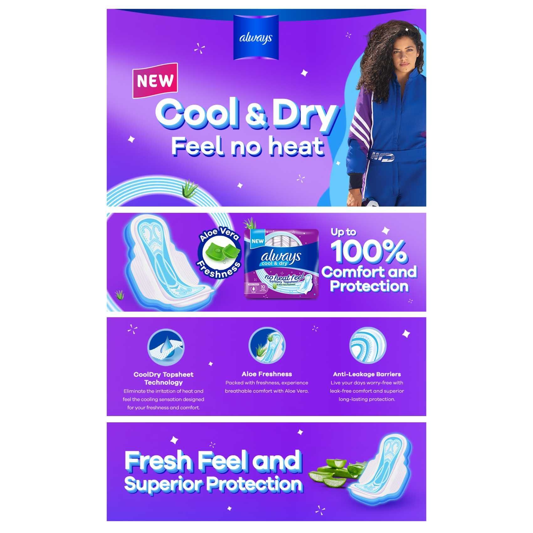 Always Aloe Cool Disposable Pads With Aloe Vera Essence For Light Days, For Zero Irritation Feel, Long Maxi Thick Pads With Wings, 30 Count