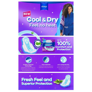 Always Aloe Cool Disposable Pads With Aloe Vera Essence For Light Days, For Zero Irritation Feel, Long Maxi Thick Pads With Wings, 30 Count