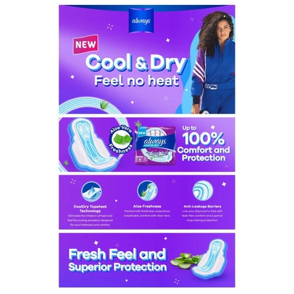Always Aloe Cool Disposable Pads With Aloe Vera Essence For Light Days, For Zero Irritation Feel, Long Maxi Thick Pads With Wings, 30 Count