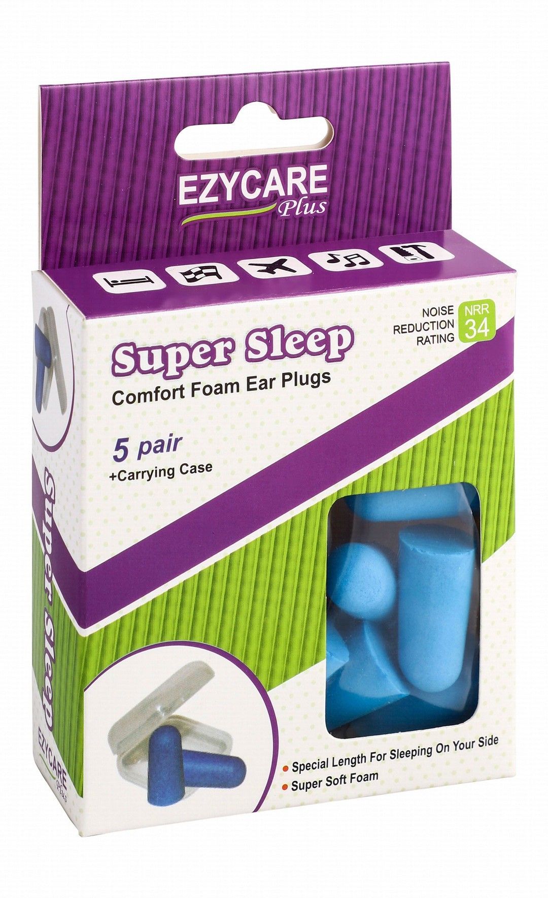 Ezycare Plus Super Sleep Comfort Foam Ear Plugs with Carrying Case NRR 34, 5 Pairs - Makkah Pharmacy
